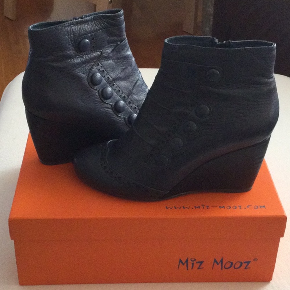 Miz Mooz Dark Blue Leather Wedge Ankle Boot with Covered Buttons